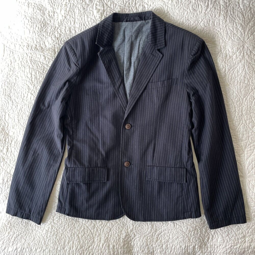 JACHS Academy Mens Blazer Jacket M Blue Pinstripe Cotton Elbow Patches Sport